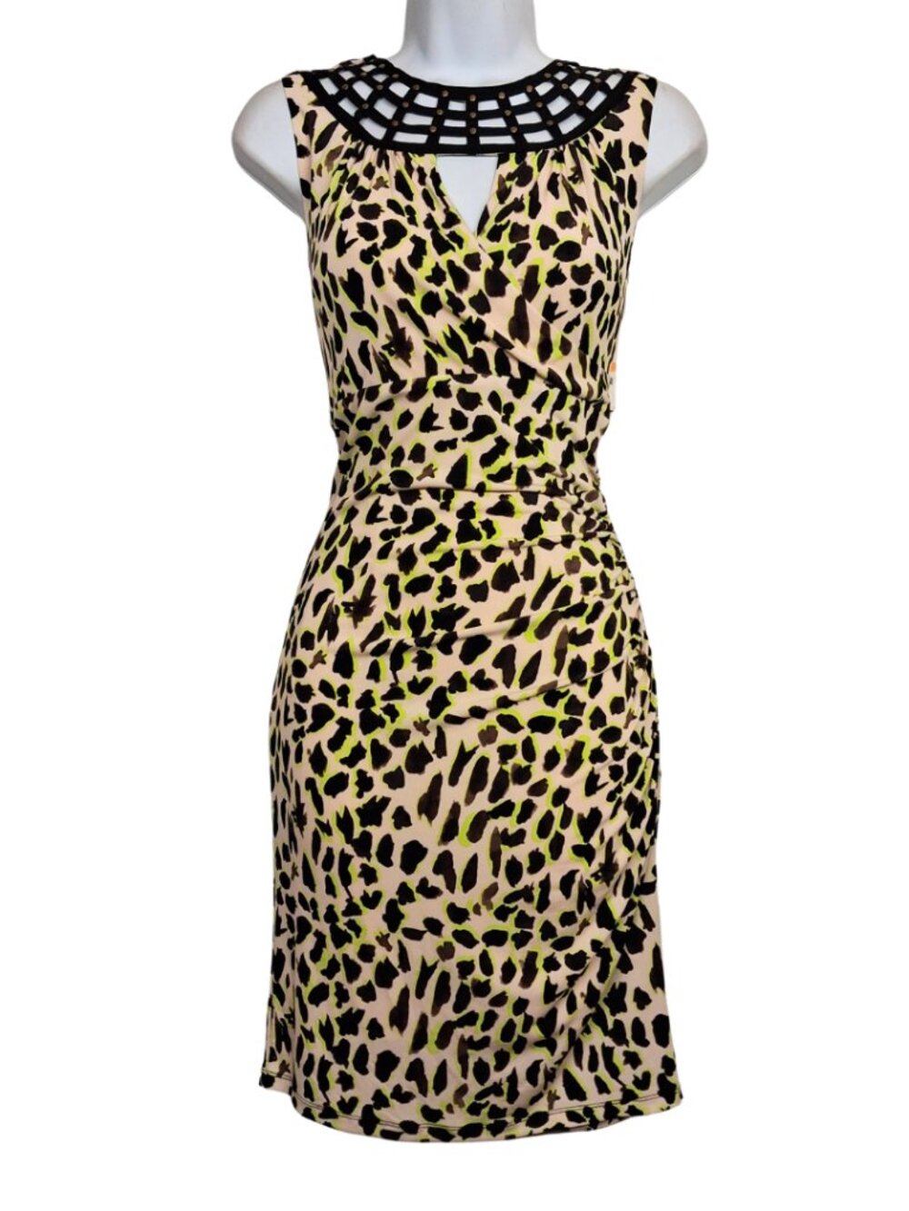 THALIA SODI Animal Print Dress Sheath Lattice Cage Studded Sleeveless S NWT
